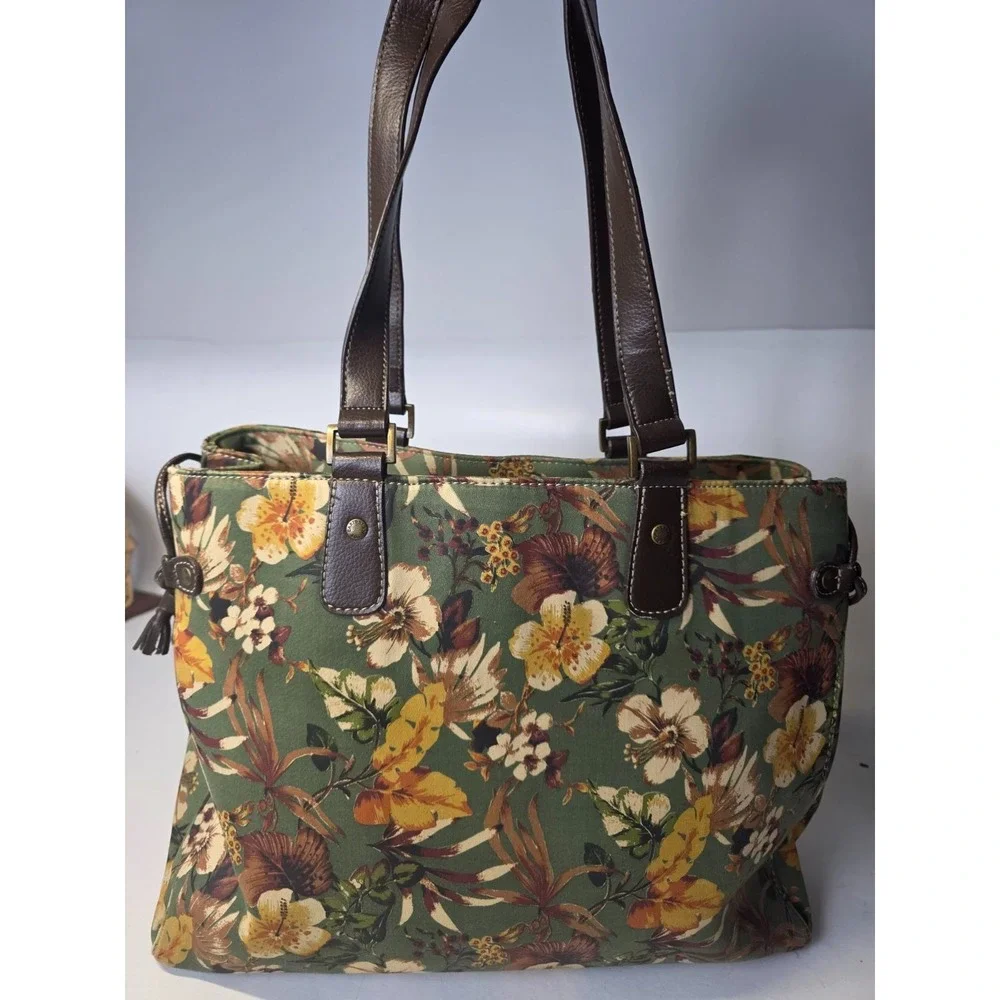 Caribbean Joe ShoulderBag‎ Handbag Floral Print Green Brown Purse Pouch Bag